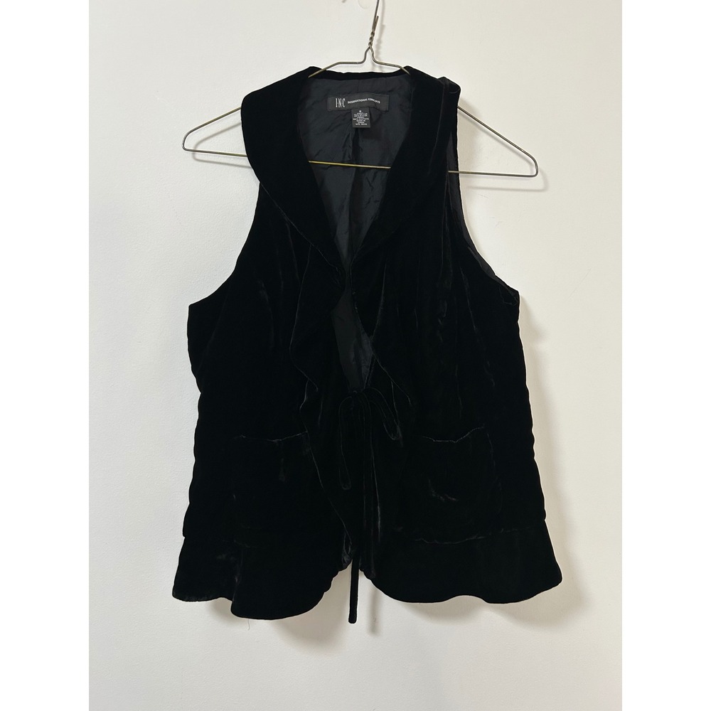 Witchy Goth Emo INC Concepts Black Velvet‎ Ruffled Tie Waist Vest Women's Size 8